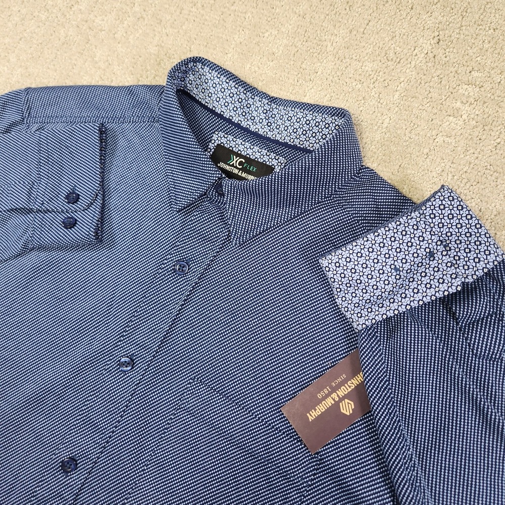 Johnston And Murphy XC Flex Shirt Men Medium Geometric Flip Cuff Stretch Blue